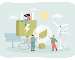 Illustration of characters with windmills and solar panels
