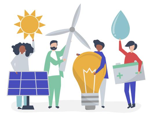 Illustration of people holding green energy icons
