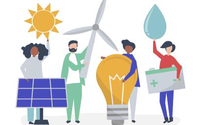 Illustration of people holding green energy icons